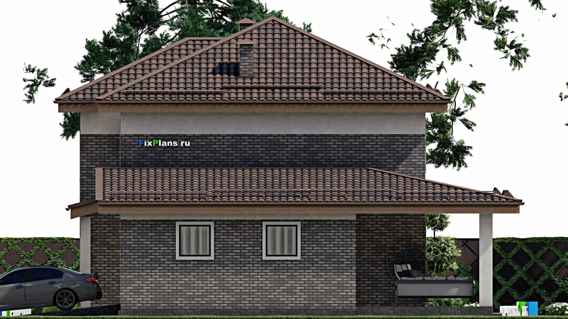 F-12095 - Проект двухэтажного дома 13 на 15, площадью 200 м² с террасой, гаражом на 1 машину и 3 спальнями