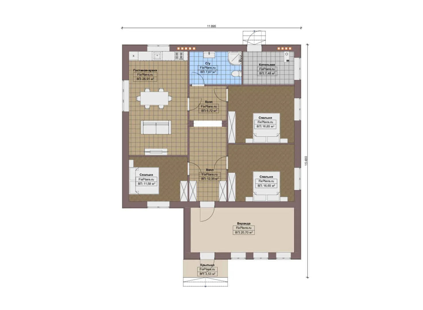 F-14201 - План одноэтажного дома 12 на 16, площадью 130 м² с террасой и 3 спальнями