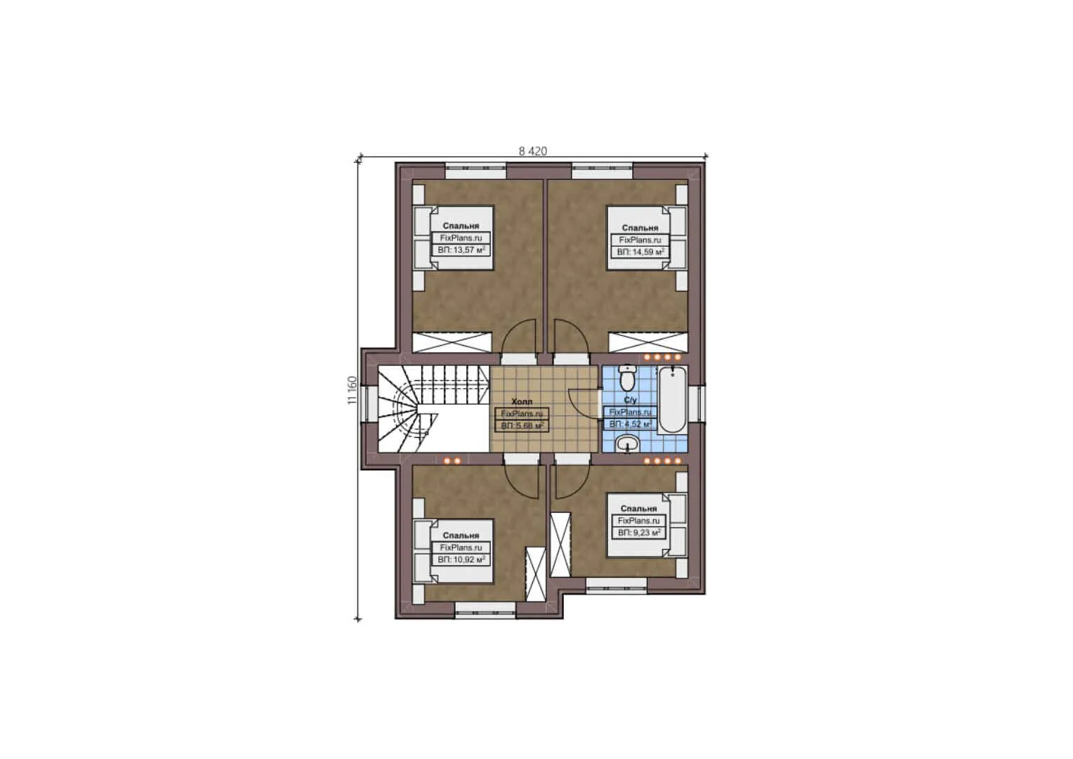F-3554 - Планы двухэтажного дома 12 на 13, площадью 190 м² с террасой, гаражом на 2 машины и 5 спальнями