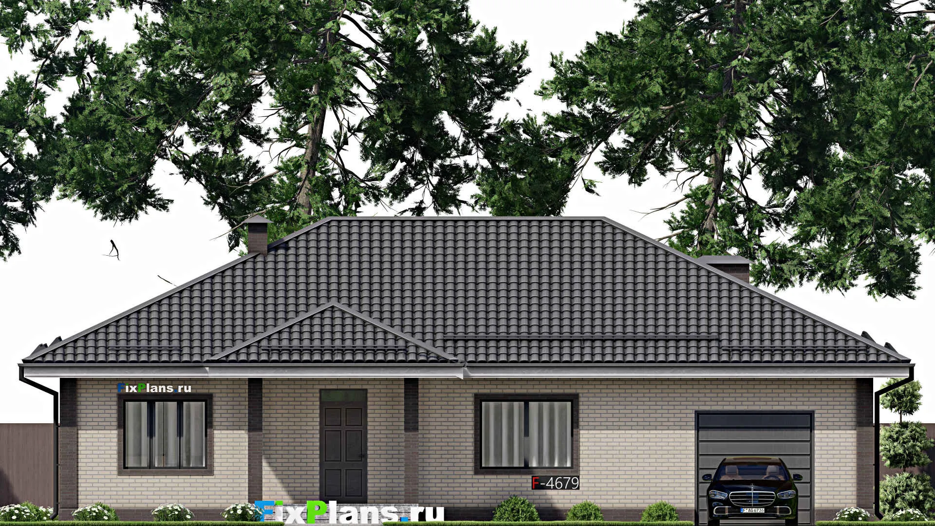 F-4679 - Проект одноэтажного дома 12 на 17, площадью 160 м² с гаражом на 1 машину и 2 спальнями