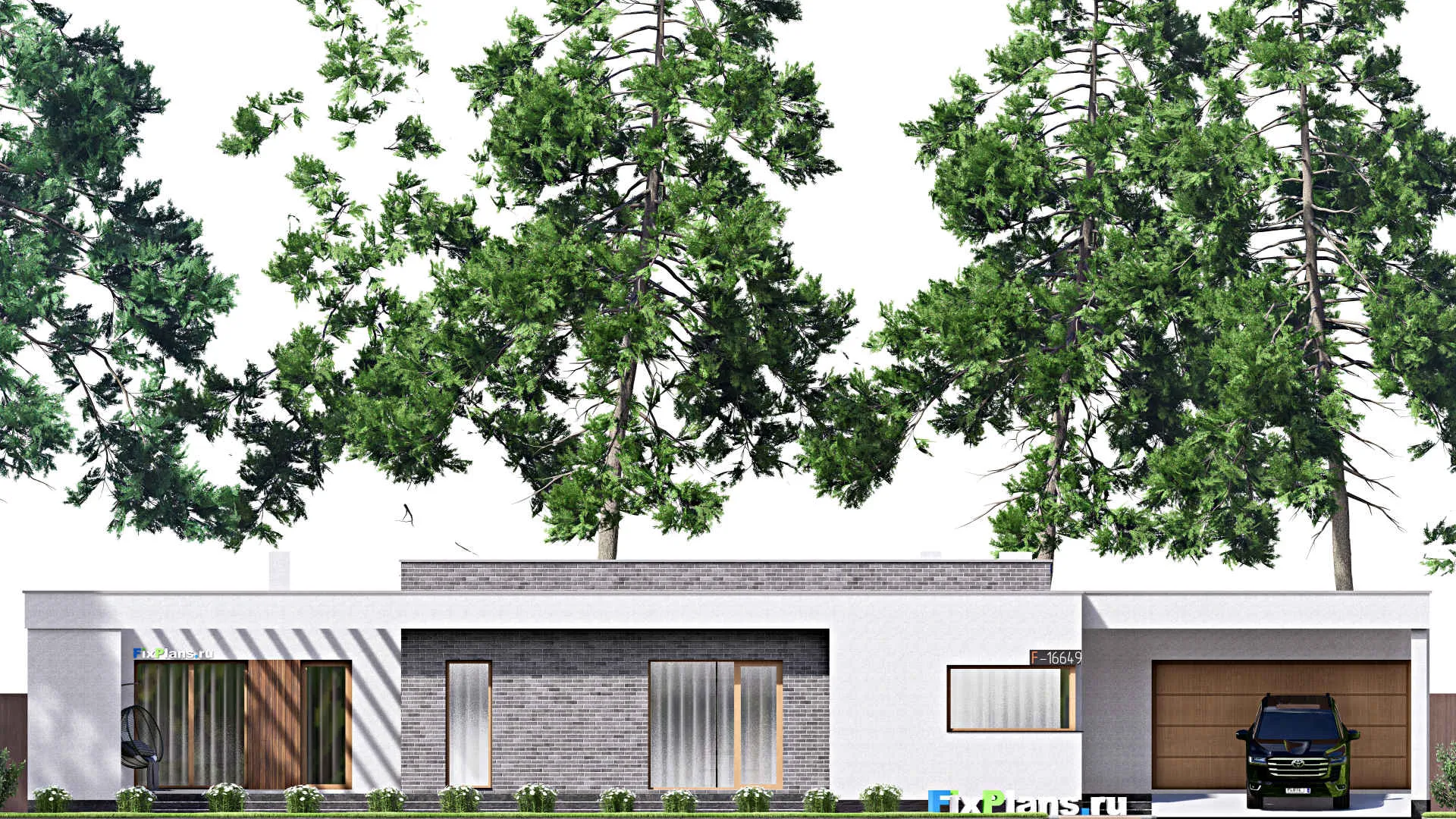 F-16649 - Проект одноэтажного дома 12 на 27, площадью 250 м² с террасой, гаражом на 2 машины и 3 спальнями