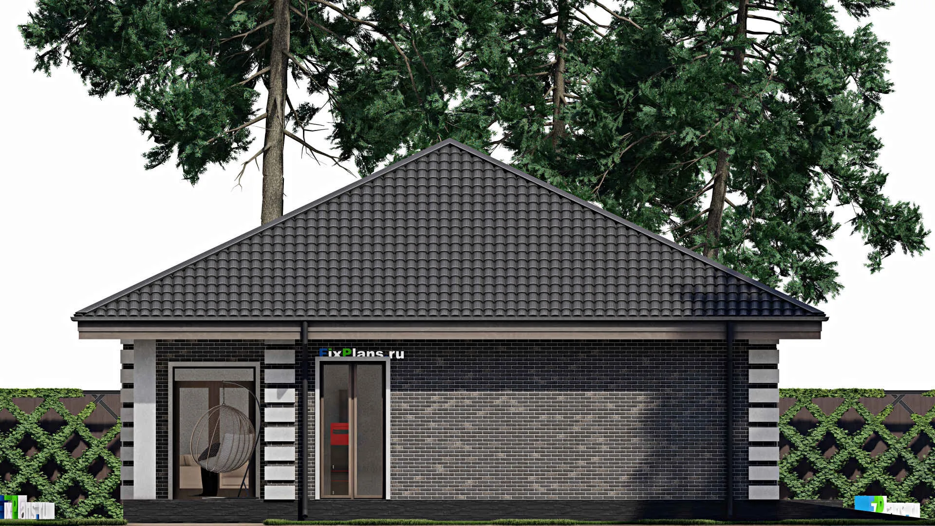 F-1844 - Проект одноэтажного дома 12 на 19, площадью 180 м² с террасой, гаражом на 1 машину и 2 спальнями