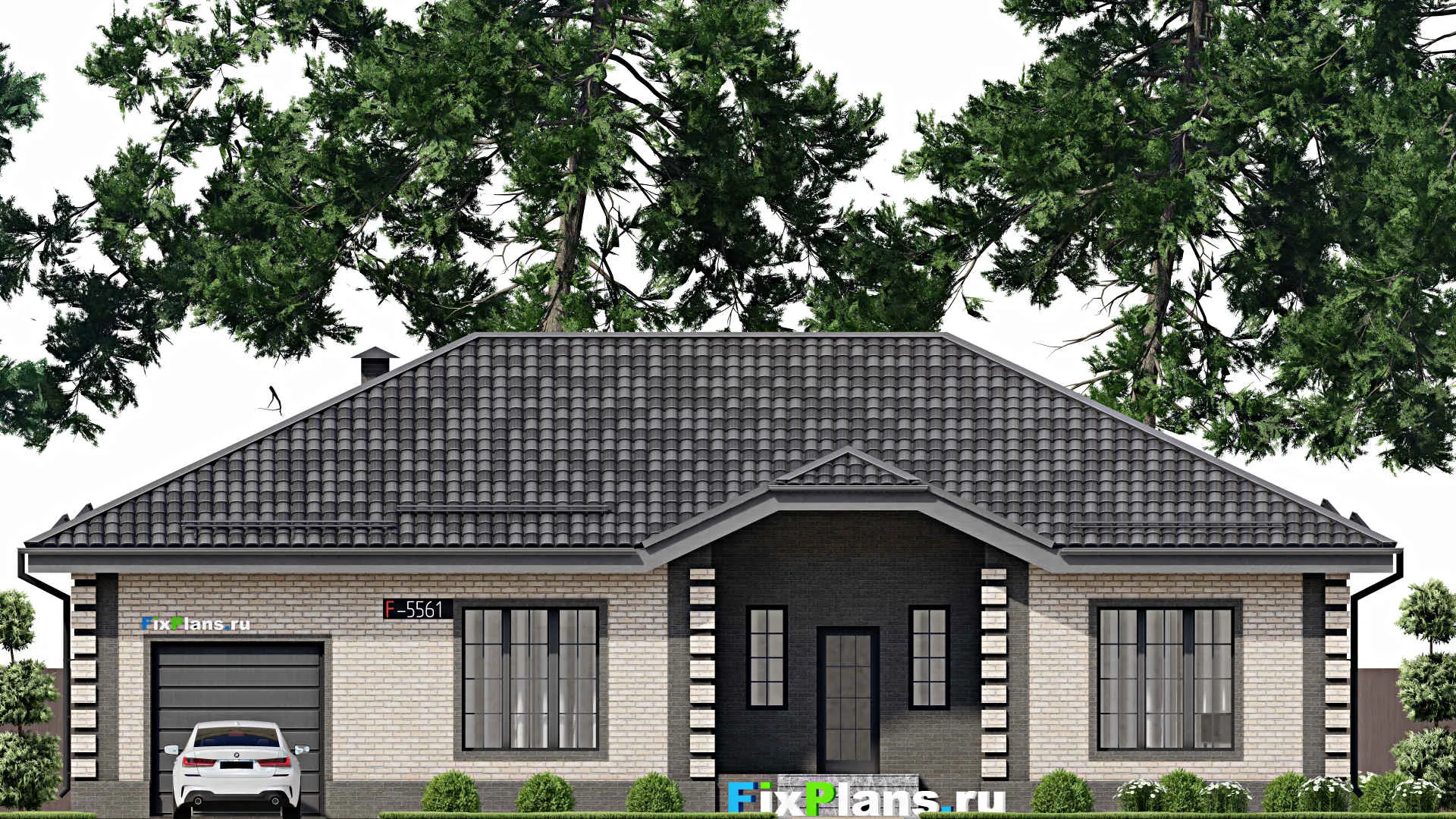 F-5561 - Проект одноэтажного дома 13 на 18, площадью 190 м² с террасой, гаражом на 1 машину и 3 спальнями