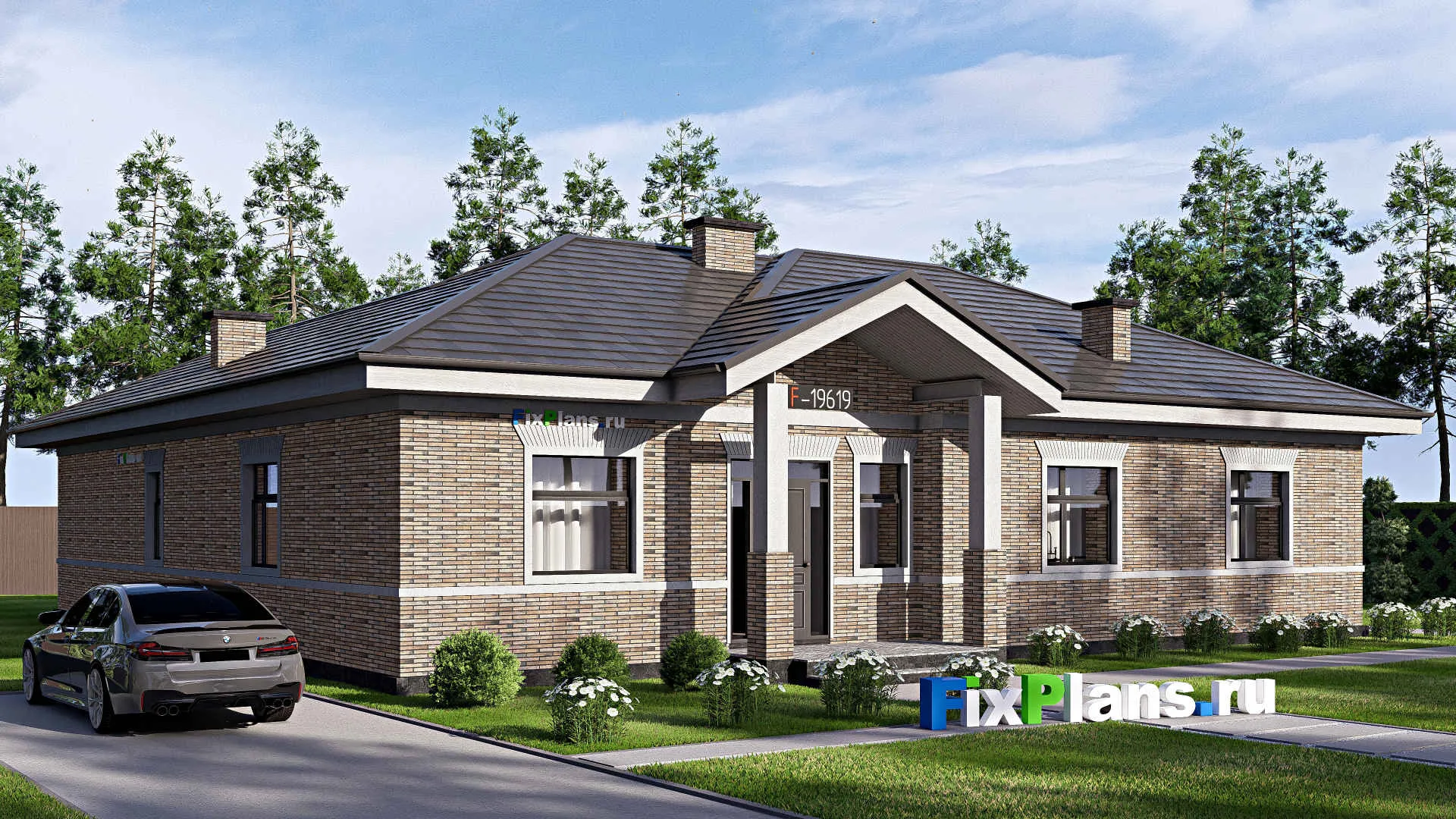 F-19619 - Проект одноэтажного дома 17 на 19, площадью 200 м² с террасой и 3 спальнями