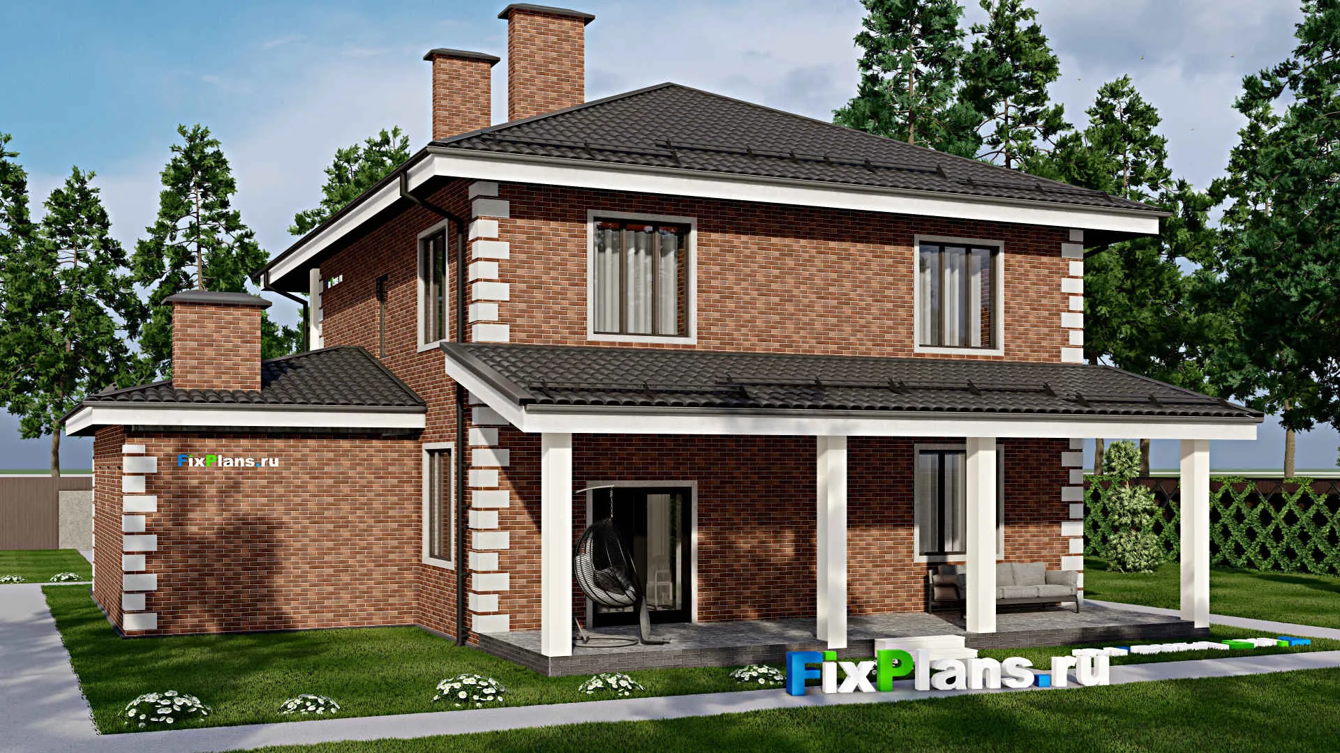 F-4193 - Планы двухэтажного дома 14 на 17, площадью 280 м² с террасой, балконом, гаражом на 1 машину и 4 спальнями