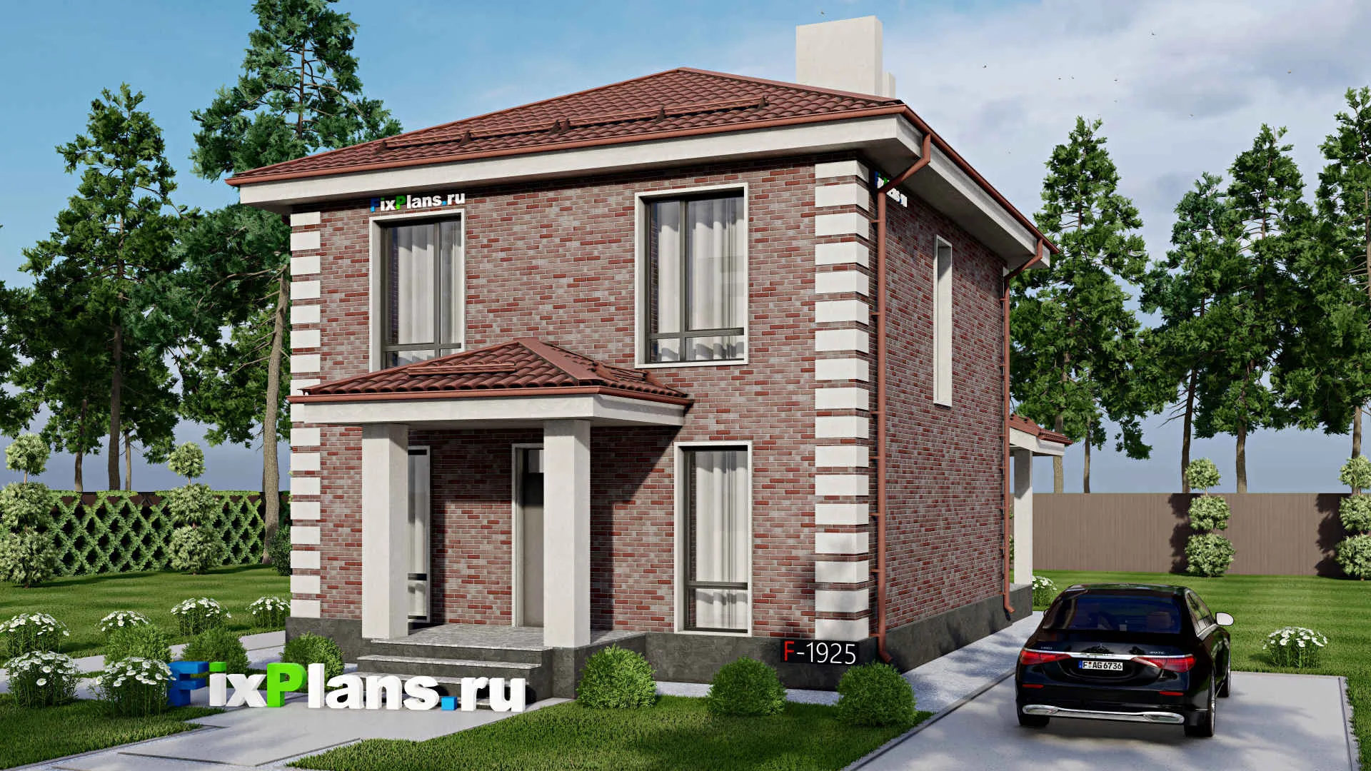 F-2159 - Проект двухэтажного дома 9 на 10, площадью 140 м² с террасой, баней и 3 спальнями