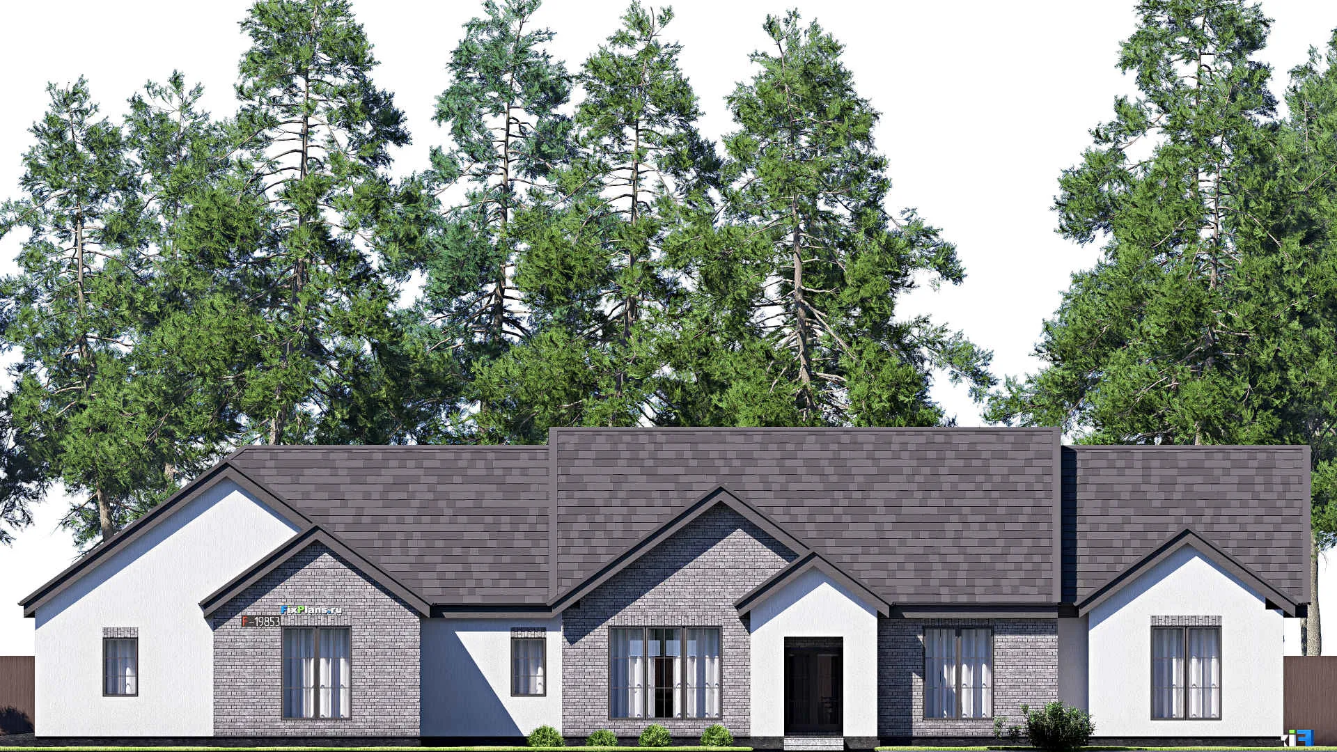 F-19853 - Проект одноэтажного дома 25 на 32, площадью 460 м² с террасой, гаражом на 2 машины и 4 спальнями