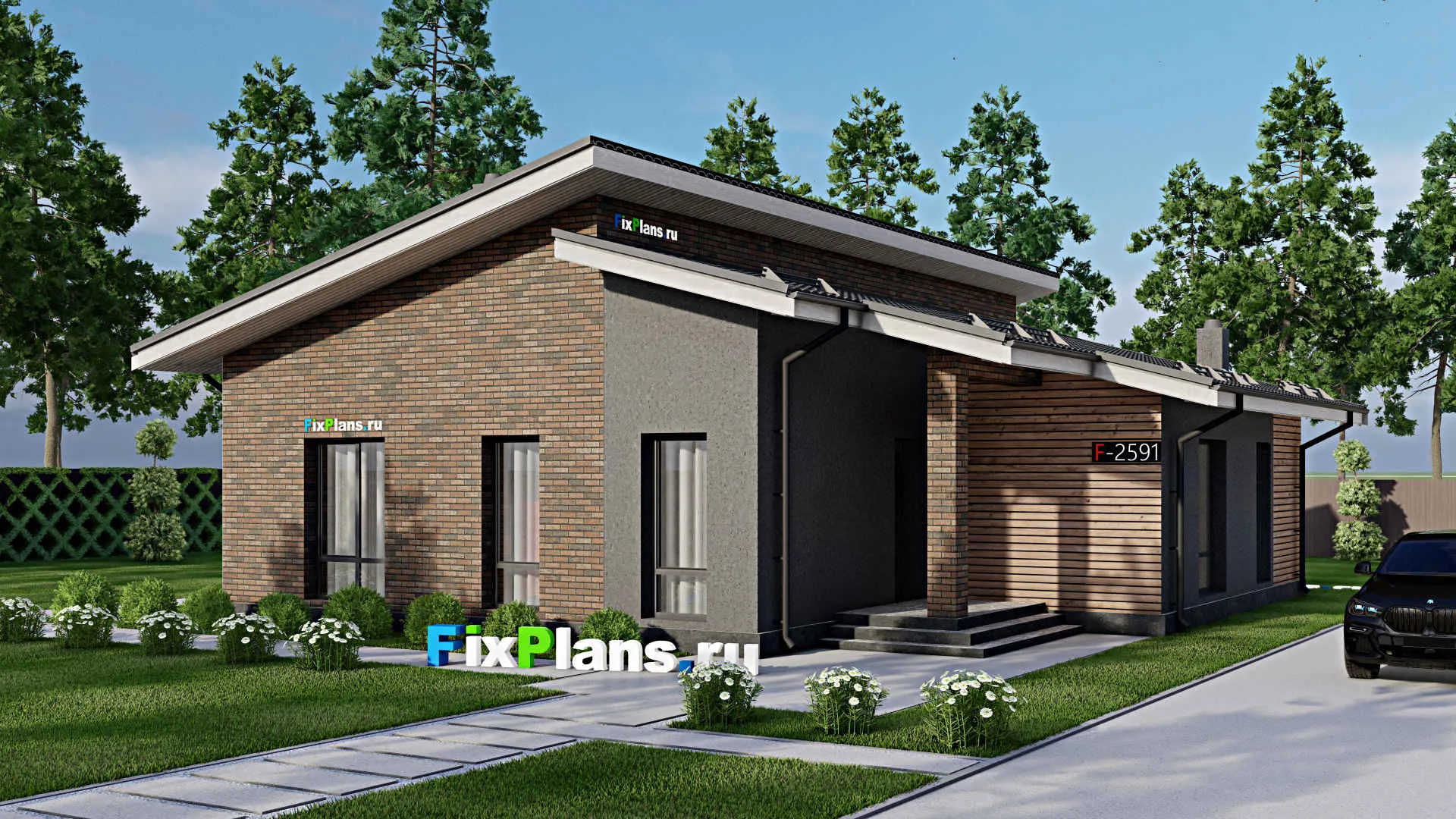 F-2591 - Проект одноэтажного дома 13 на 15, площадью 160 м² с террасой и 3 спальнями