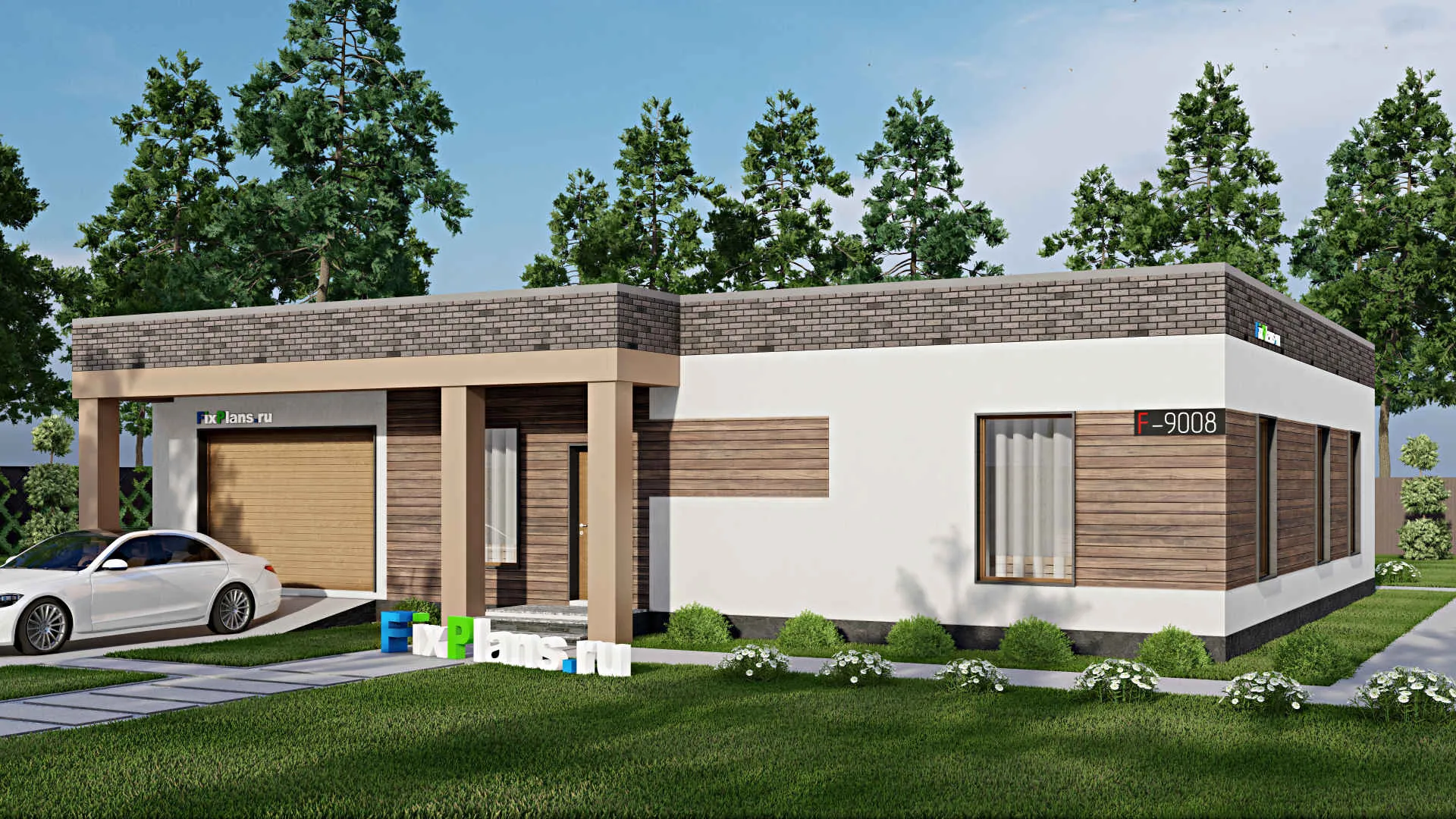 F-9008 - Проект одноэтажного дома 14 на 17, площадью 170 м² с баней, гаражом на 1 машину и 2 спальнями