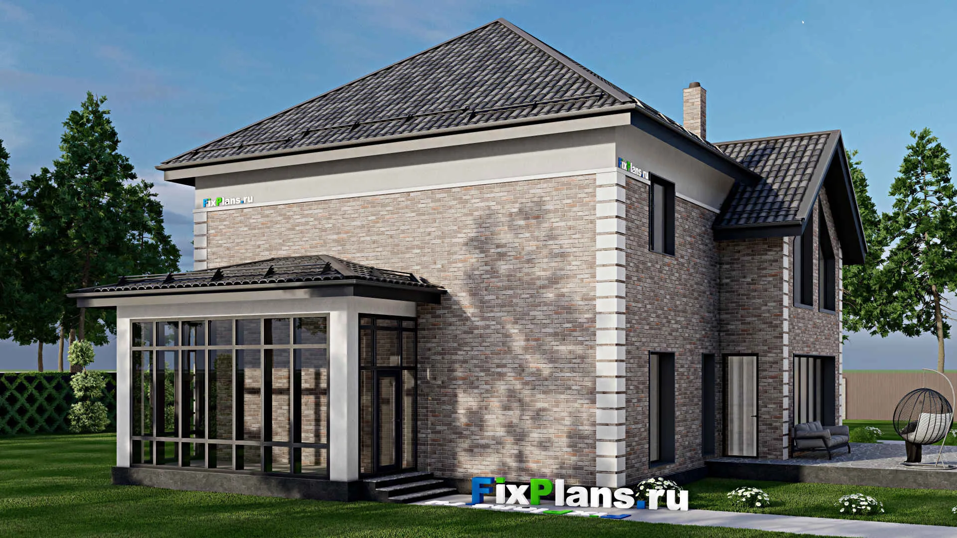 F-7010 - Проект двухэтажного дома 17 на 22, площадью 310 м² с террасой, гаражом на 1 машину и 6 спальнями