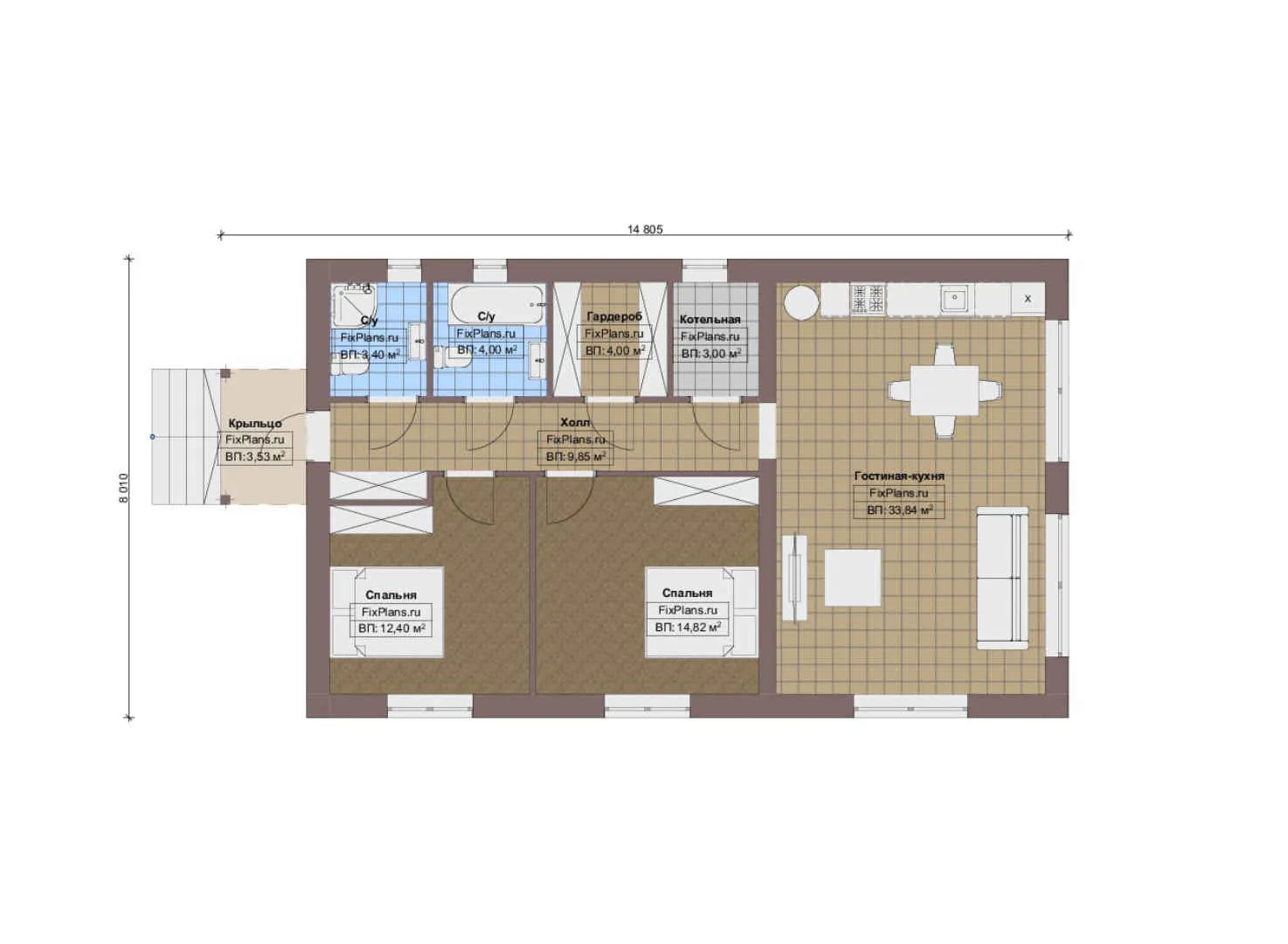 F-13427 - План одноэтажного дома 9 на 15, площадью 90 м² с 2 спальнями
