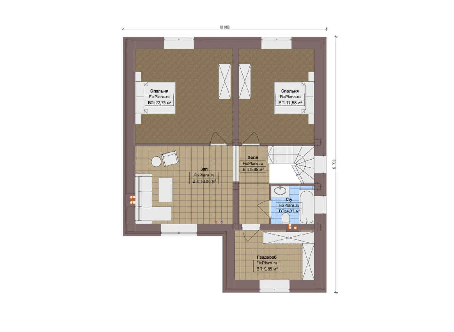 F-12509 - Планы двухэтажного дома 11 на 13, площадью 180 м² с 3 спальнями