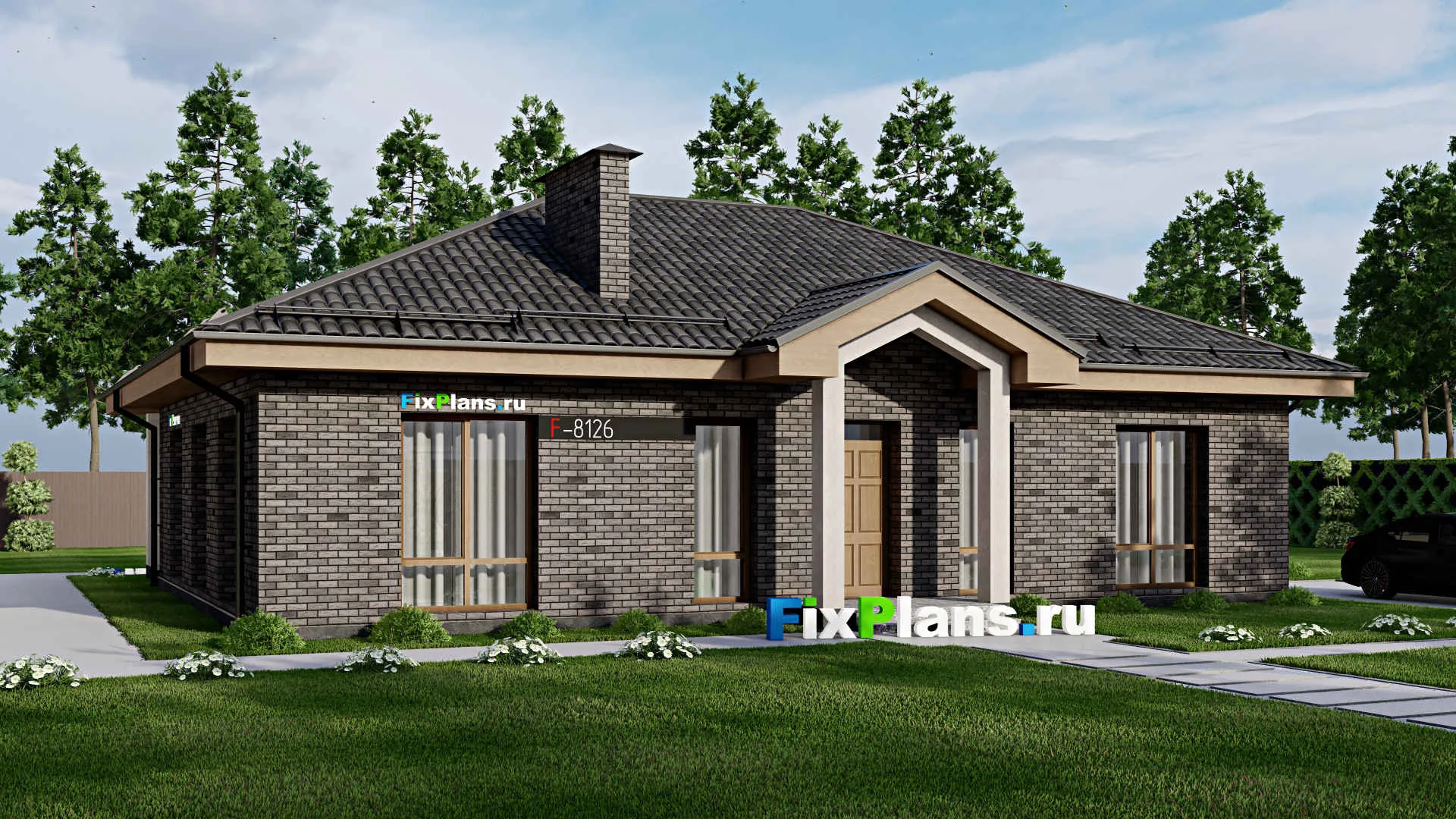 F-8126 - Проект одноэтажного дома 12 на 16, площадью 160 м² с террасой и 3 спальнями