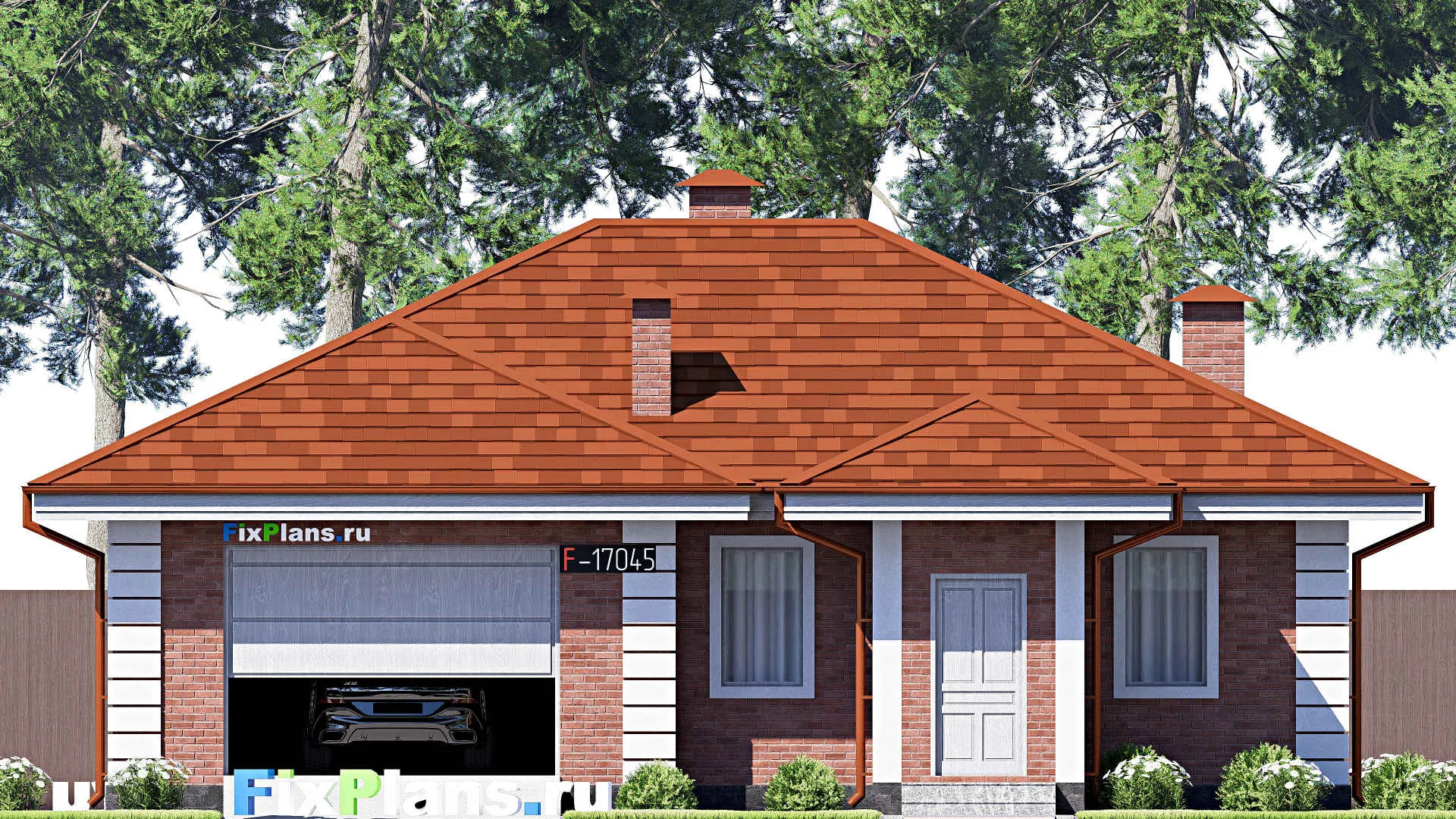 F-17045 - Проект одноэтажного дома 12 на 13, площадью 120 м² с гаражом на 2 машины и 2 спальнями