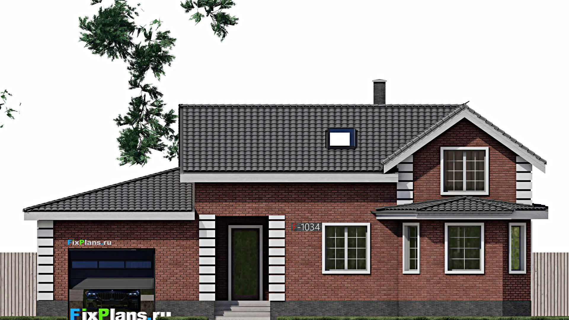 F-1034 - Проект дома с мансардой 12 на 17, площадью 240 м² с террасой, гаражом на 2 машины и 3 спальнями