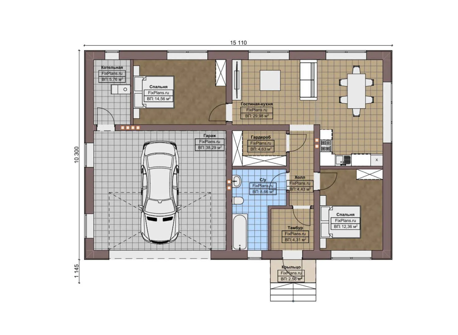 F-3599 - План одноэтажного дома 11 на 16, площадью 130 м² с гаражом на 2 машины и 2 спальнями
