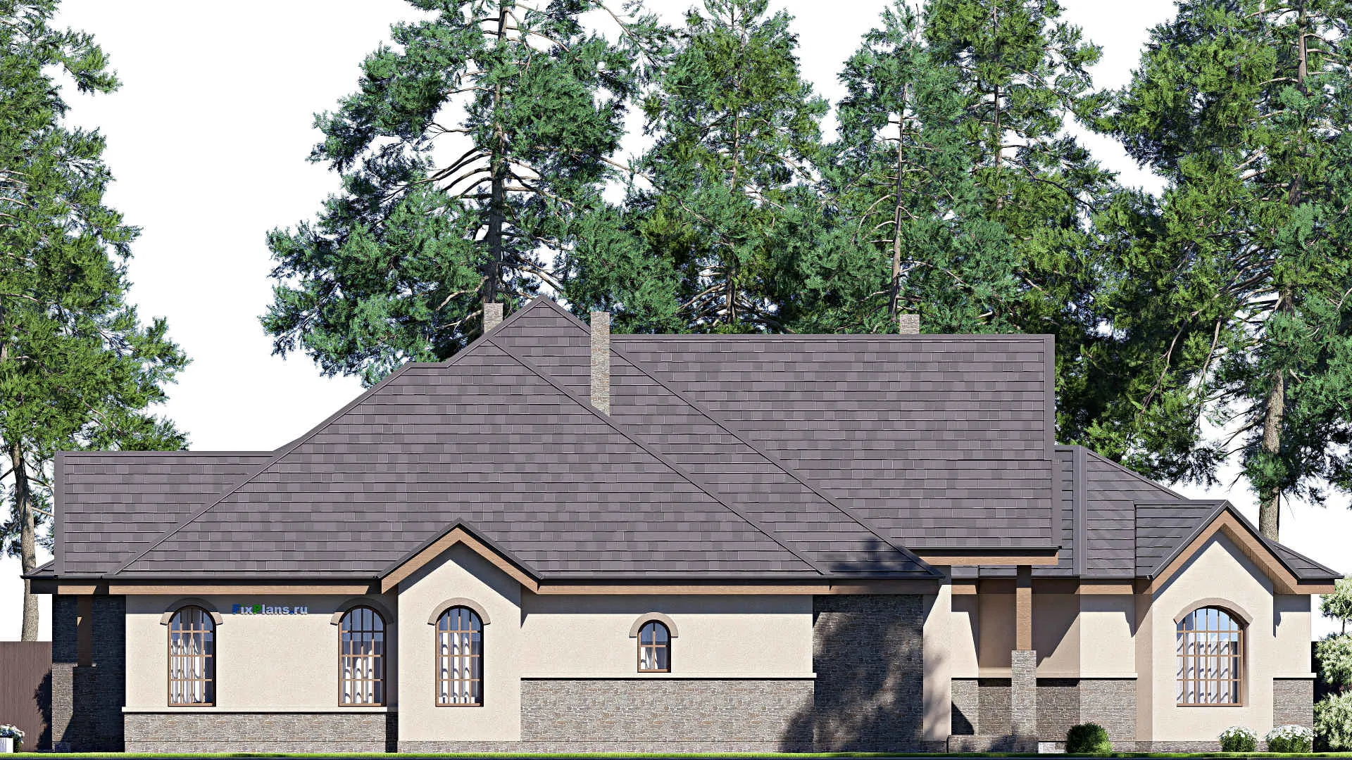 F-17216 - Проект одноэтажного дома 26 на 35, площадью 460 м² с террасой, гаражом на 2 машины и 3 спальнями