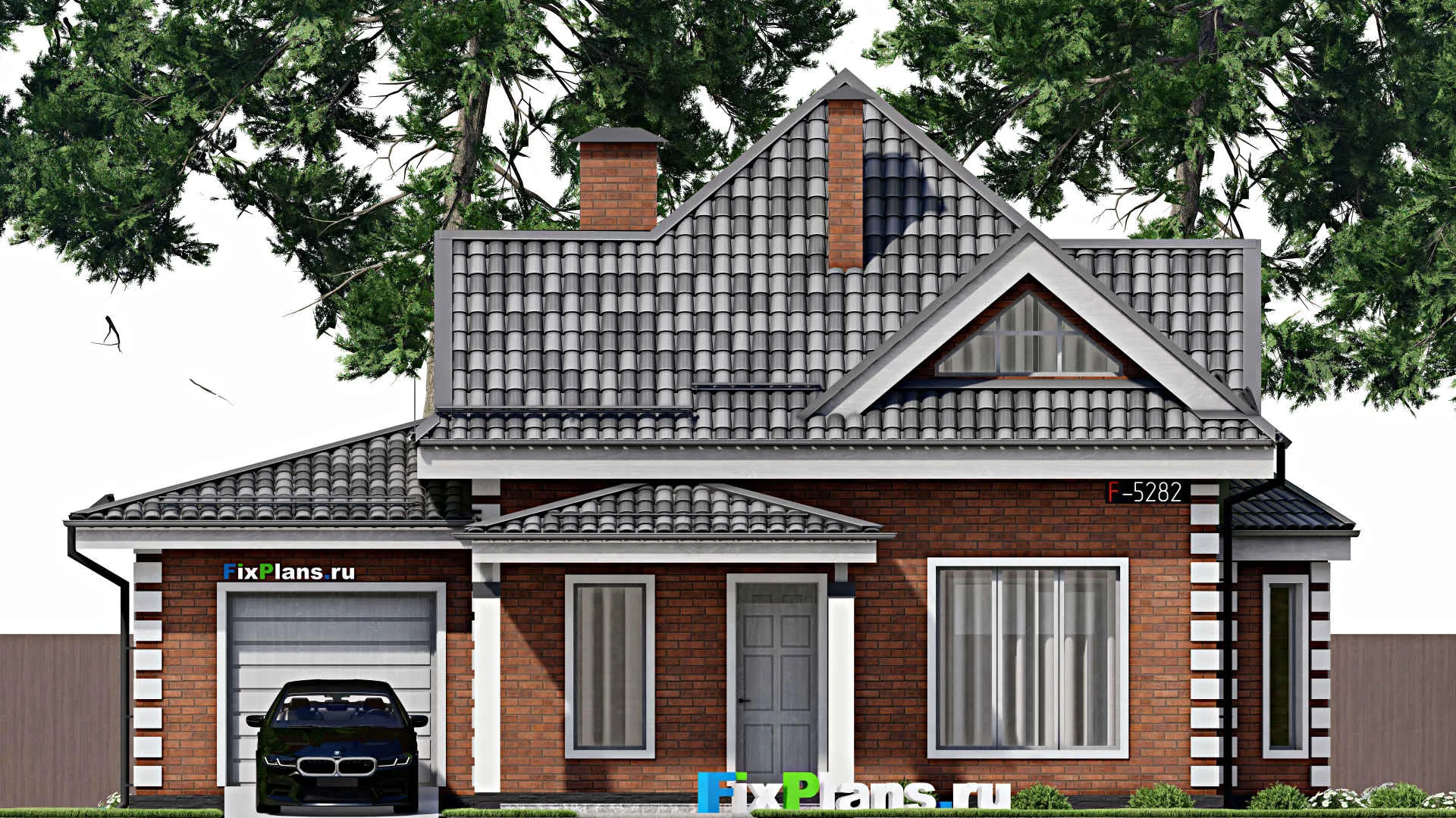 F-5282 - Проект дома с мансардой 13 на 14, площадью 150 м² с террасой, гаражом на 1 машину и 4 спальнями