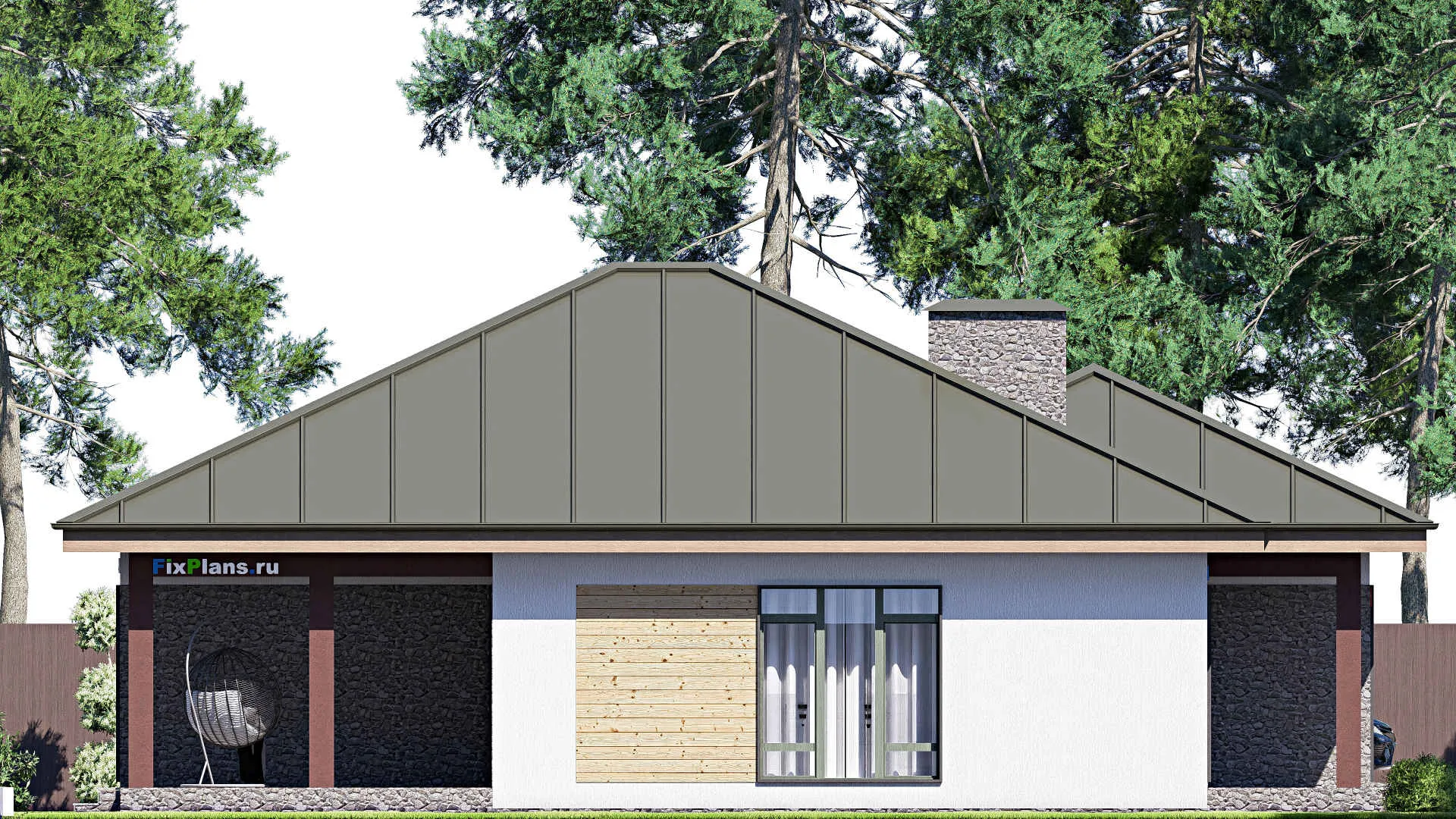 F-20492 - Проект одноэтажного дома 16 на 16, площадью 160 м² с террасой, гаражом на 1 машину и 2 спальнями