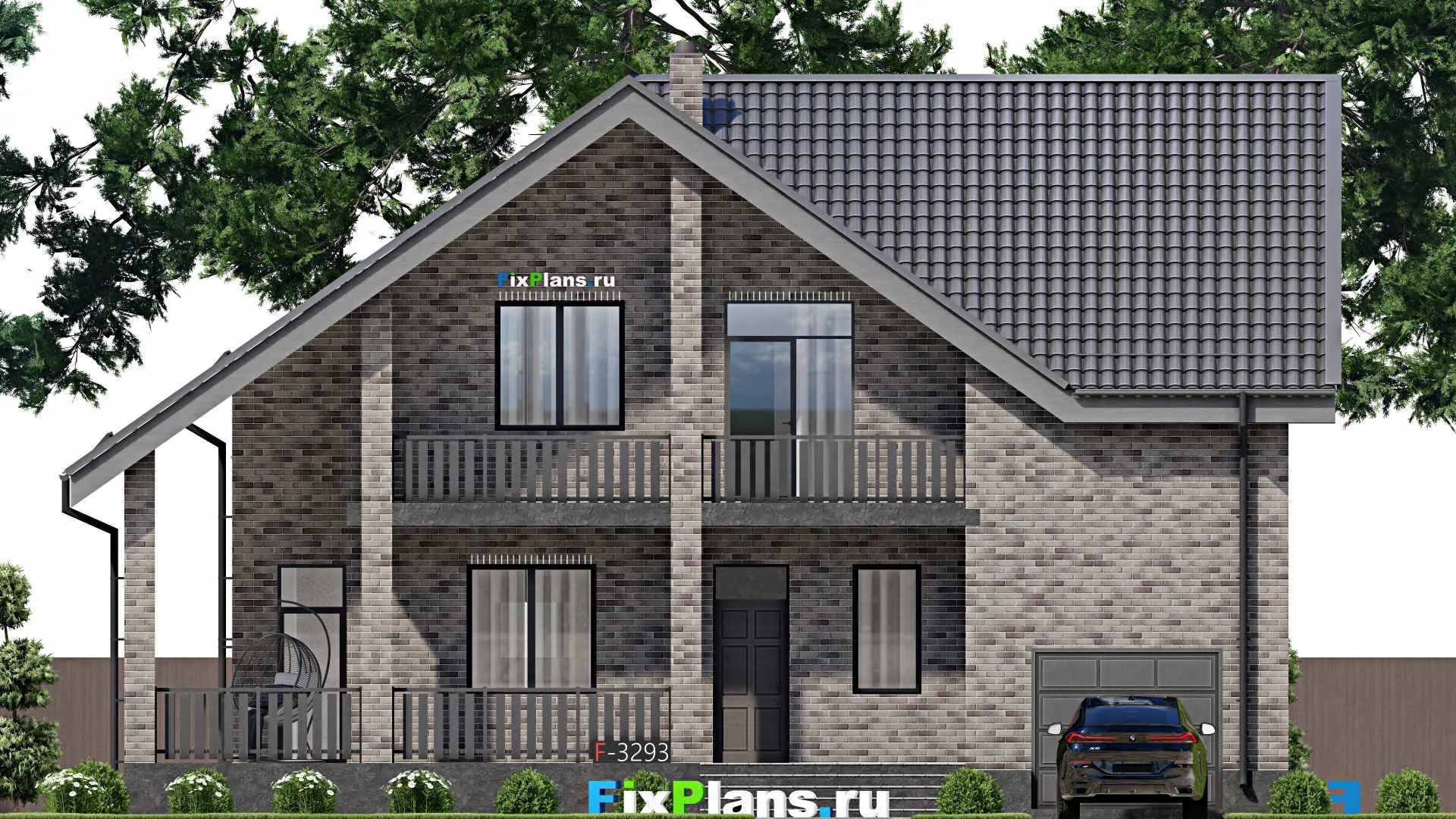 F-3293 - Проект дома с мансардой 13 на 14, площадью 250 м² с террасой, балконом, гаражом на 1 машину, спортзалом и 4 спальнями