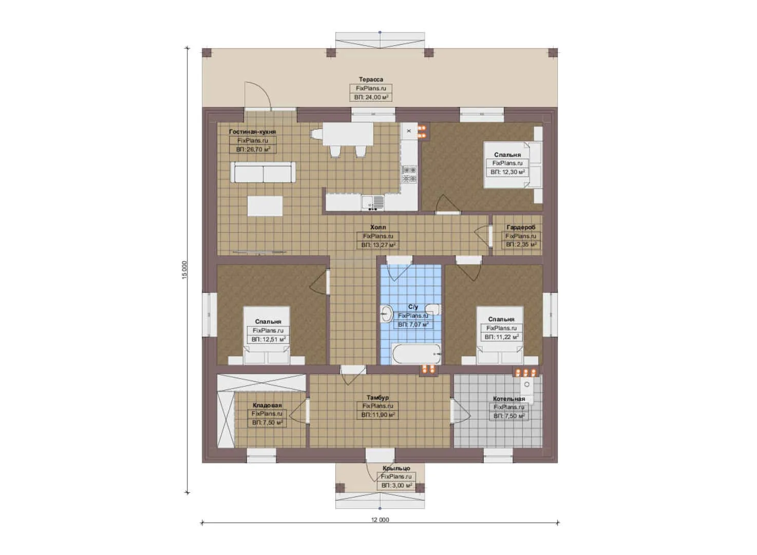 F-14741 - План одноэтажного дома 12 на 15, площадью 140 м² с террасой и 3 спальнями