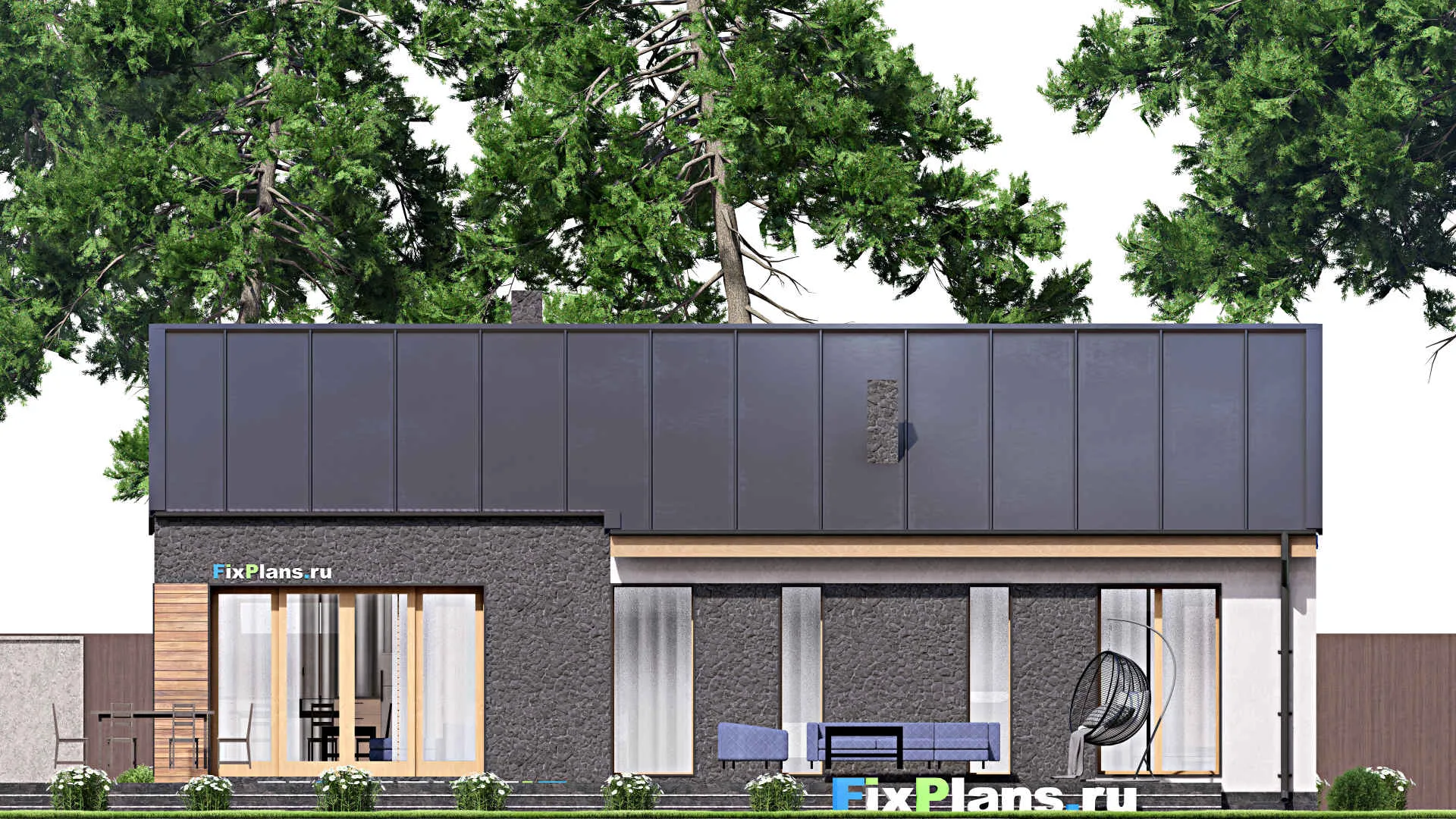 F-15794 - Проект одноэтажного дома 15 на 18, площадью 210 м² с террасой и 3 спальнями