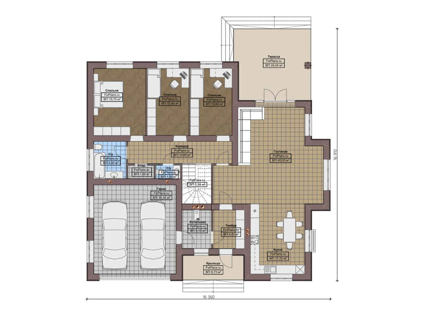 F-0413 - Планы дома с мансардой 15 на 17, площадью 250 м² с террасой, балконом, гаражом на 1 машину и 4 спальнями