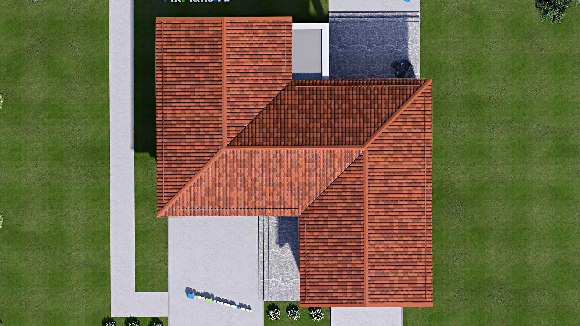 F-16244 - Проект одноэтажного дома 16 на 18, площадью 320 м² с террасой, гаражом на 1 машину и 3 спальнями