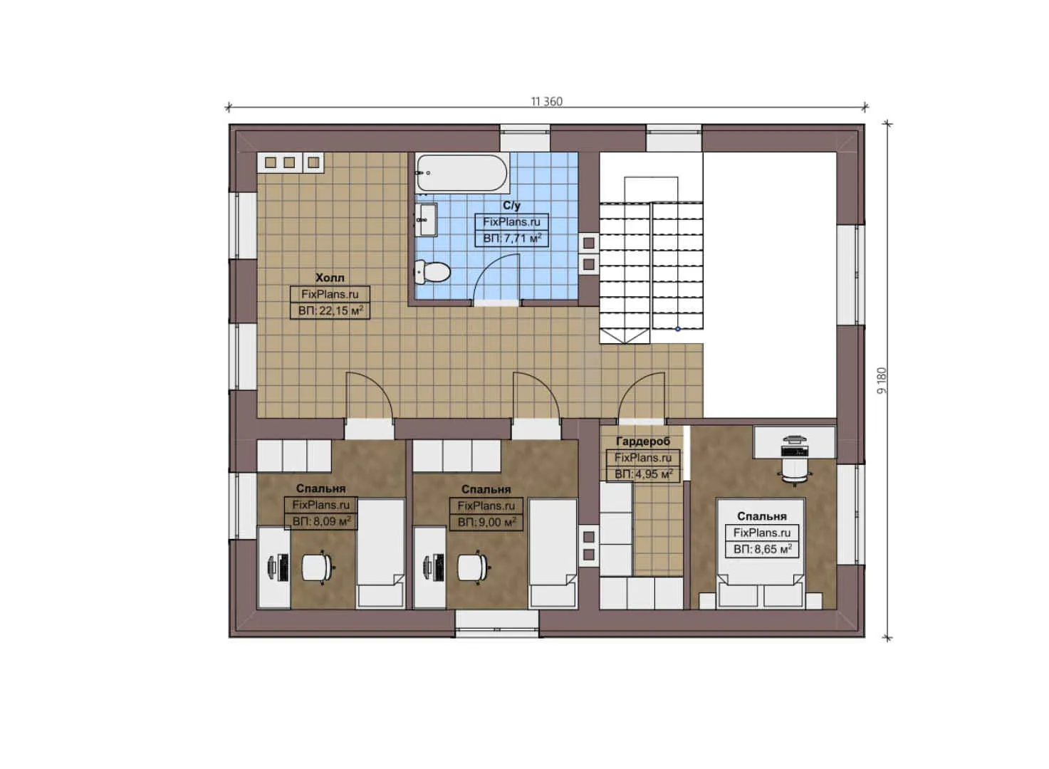 F-2339 - Планы двухэтажного дома 11 на 12, площадью 150 м² с баней и 4 спальнями