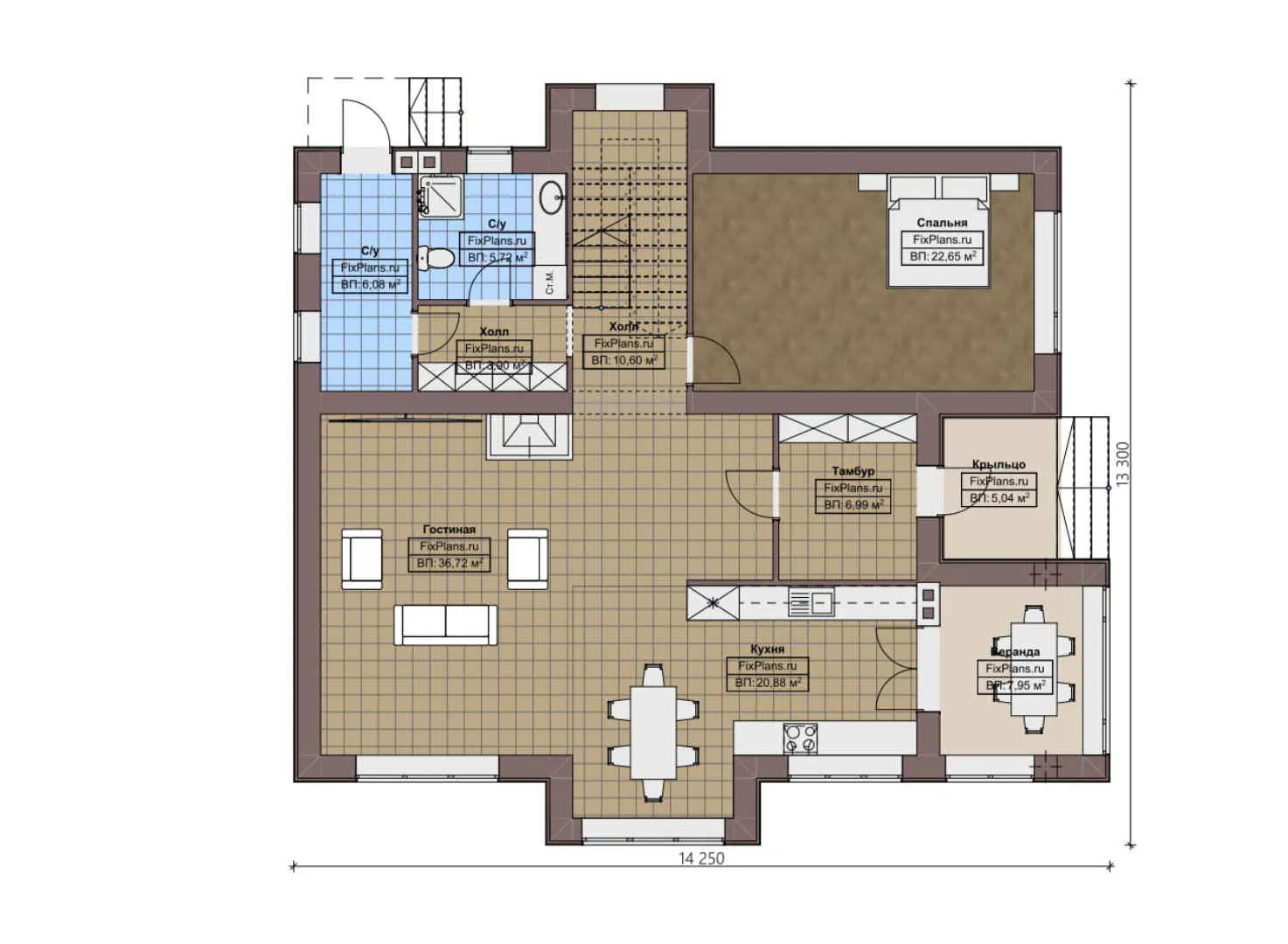 F-3014 - Планы двухэтажного дома 14 на 15, площадью 250 м² с террасой и 4 спальнями
