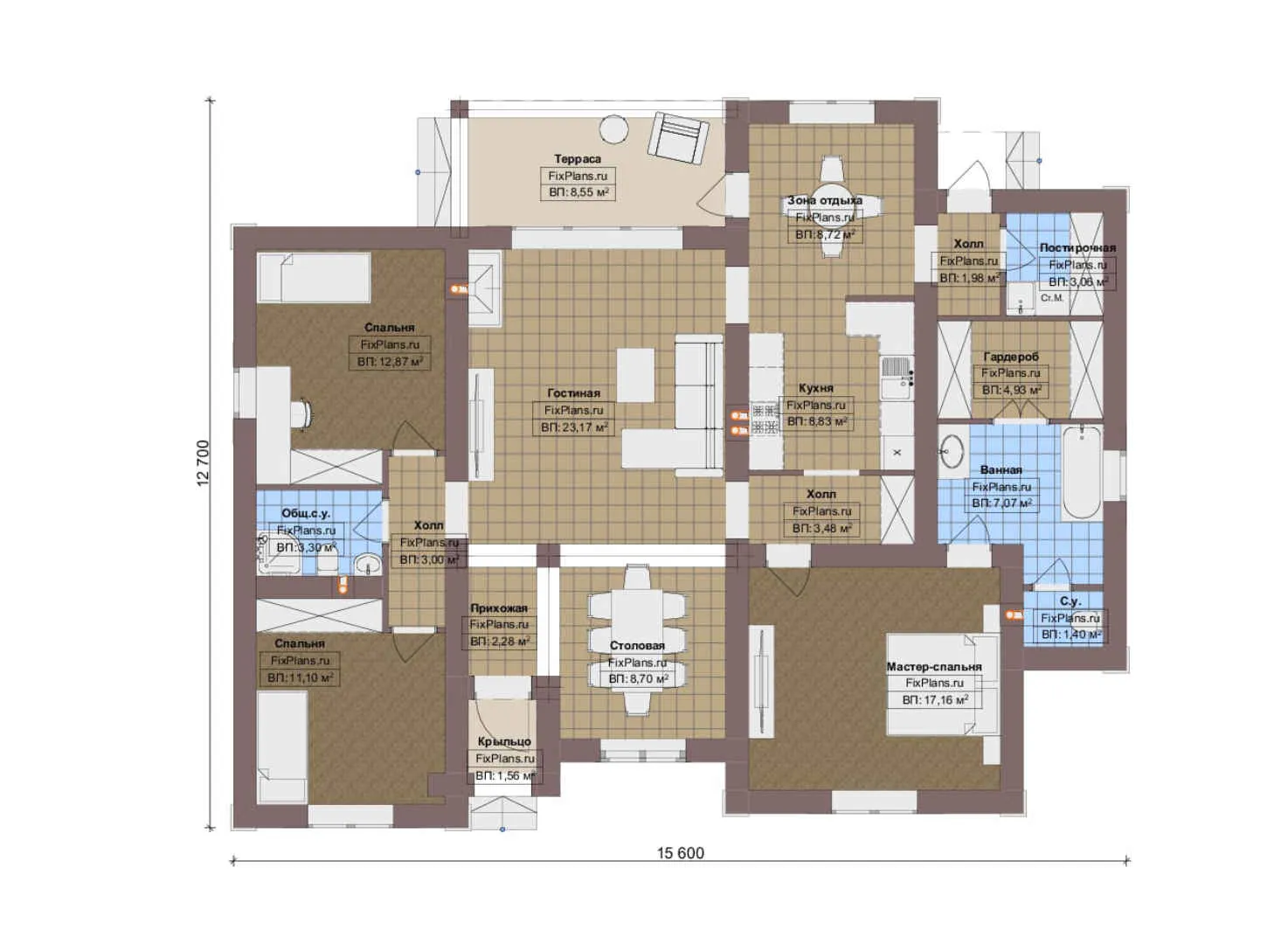 F-20420 - План одноэтажного дома 13 на 16, площадью 140 м² с террасой и 3 спальнями