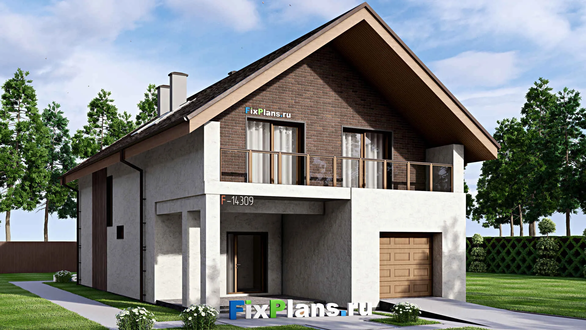 F-14309 - Проект дома с мансардой 11 на 19, площадью 280 м² с террасой, балконом, гаражом на 1 машину и 4 спальнями