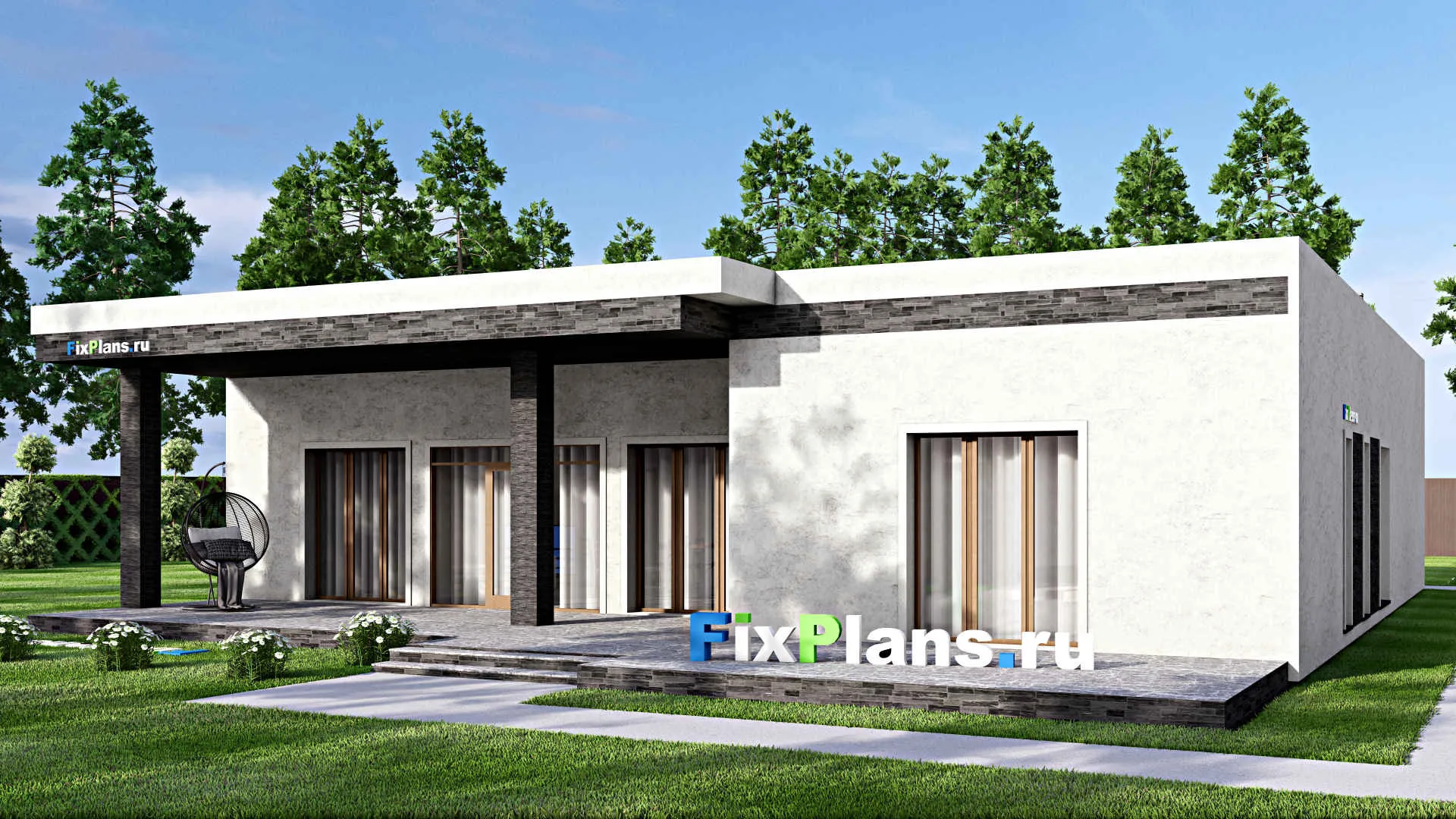 F-13184 - Проект одноэтажного дома 17 на 22, площадью 290 м² с террасой и 4 спальнями