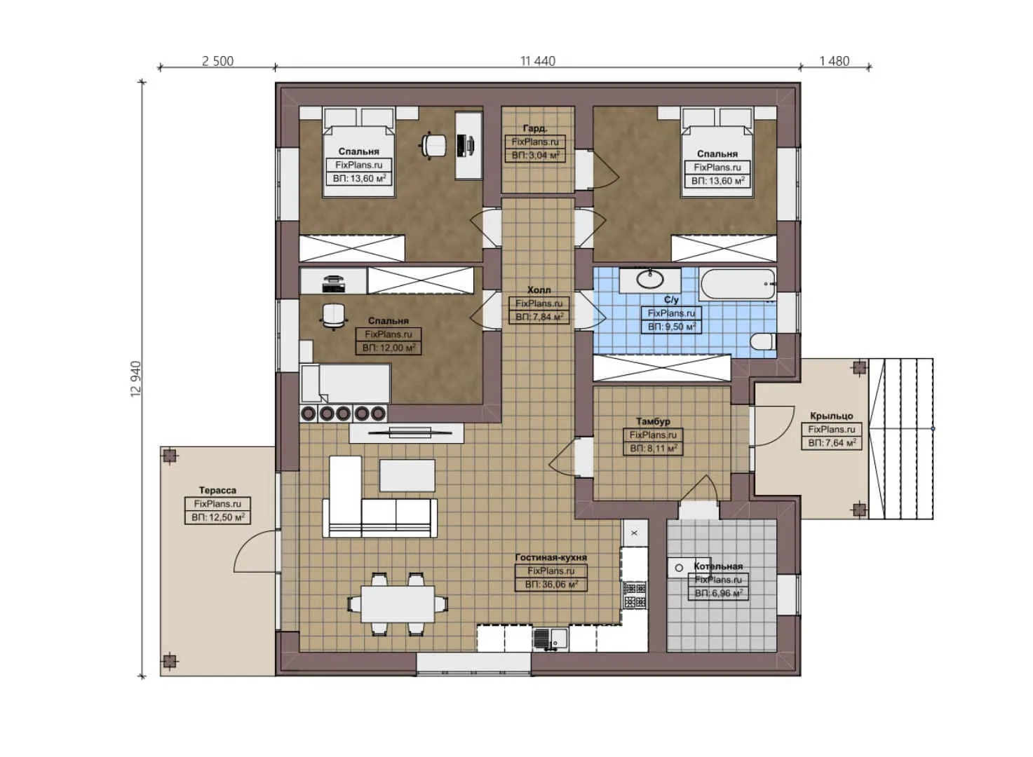 F-2321 - План одноэтажного дома 12 на 13, площадью 140 м² с террасой и 3 спальнями