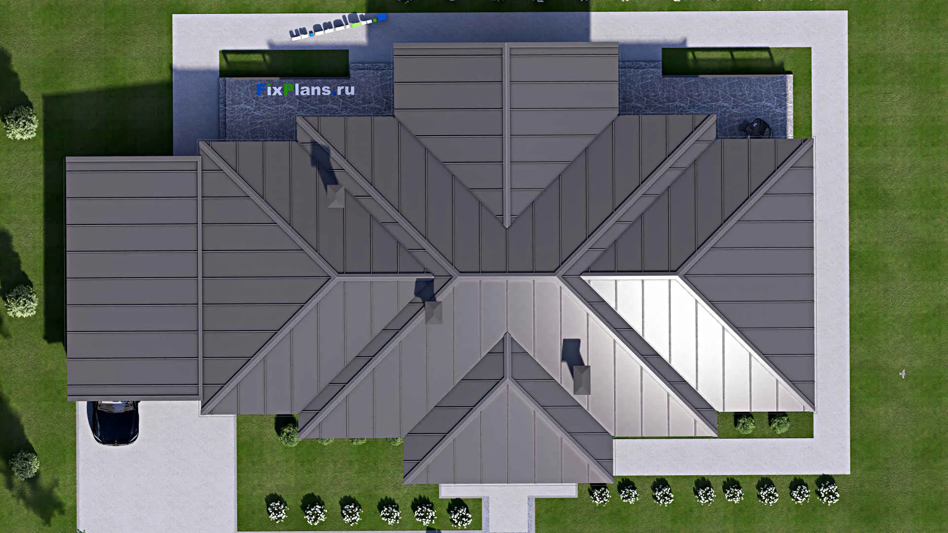 F-15182 - Проект одноэтажного дома 16 на 23, площадью 270 м² с террасой и 5 спальнями