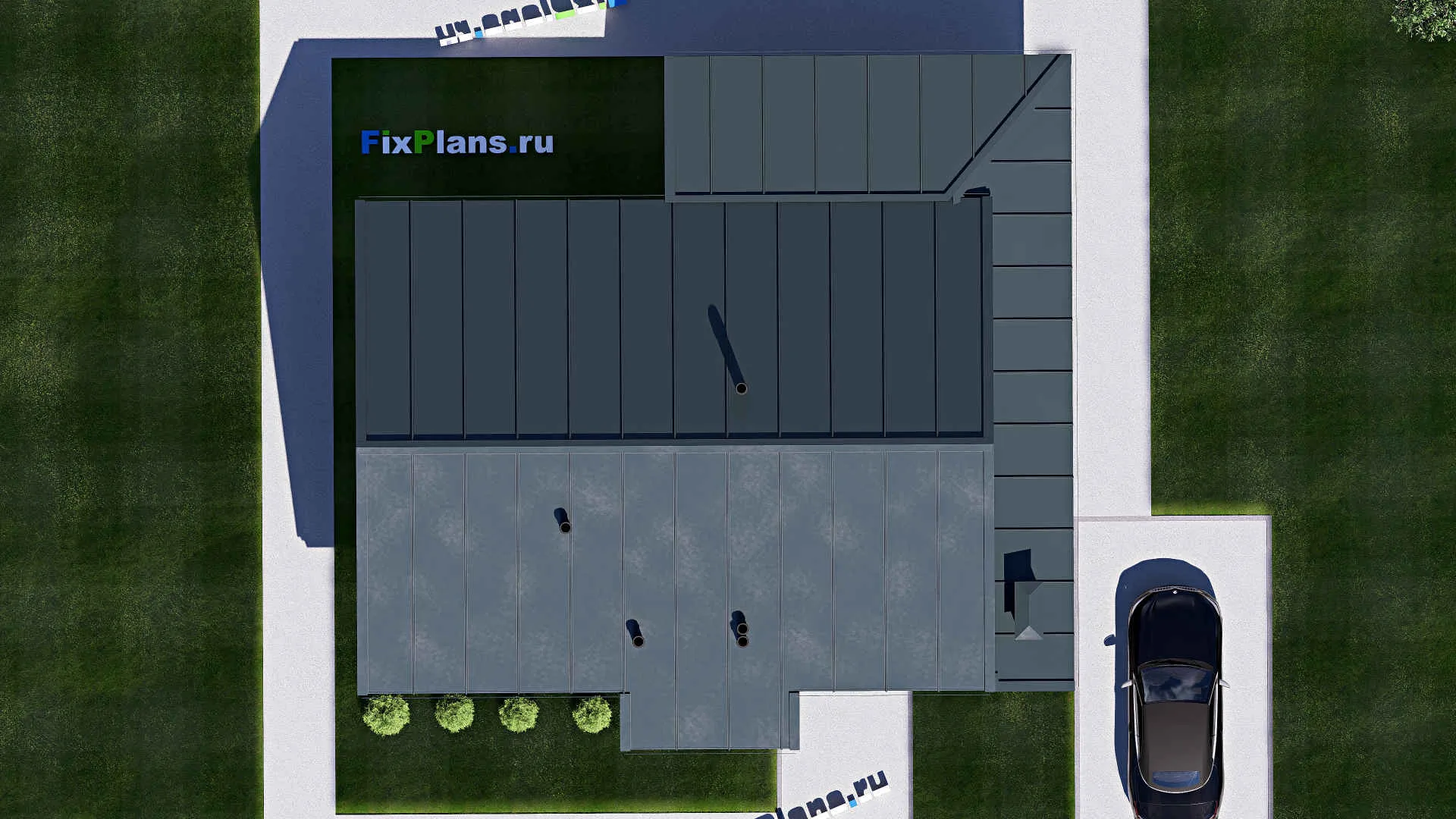 F-20555 - Проект одноэтажного дома 14 на 14, площадью 130 м² с террасой и 3 спальнями