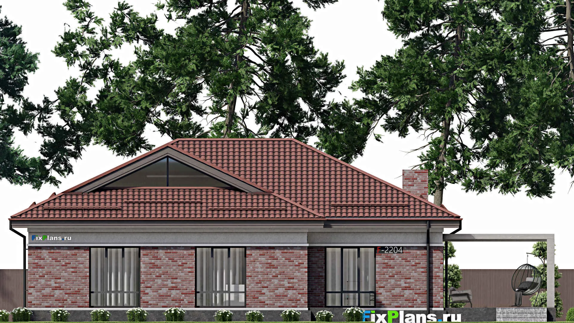 F-2204 - Проект одноэтажного дома 16 на 21, площадью 280 м² с террасой, гаражом на 2 машины и 3 спальнями